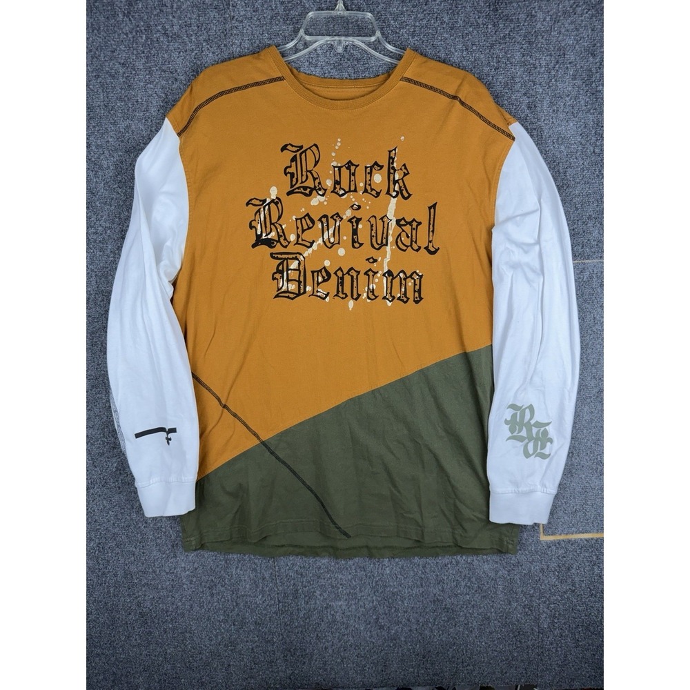 Rock Revival Men's 2XL Guymon Graphic Long Sleeve T-Shirt Colorblock Wood Olive